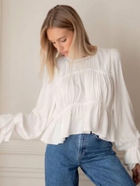 Rosae Paris Le Delaunay Smocked Blouse Ruffled Wrists Meringue, French Romantic